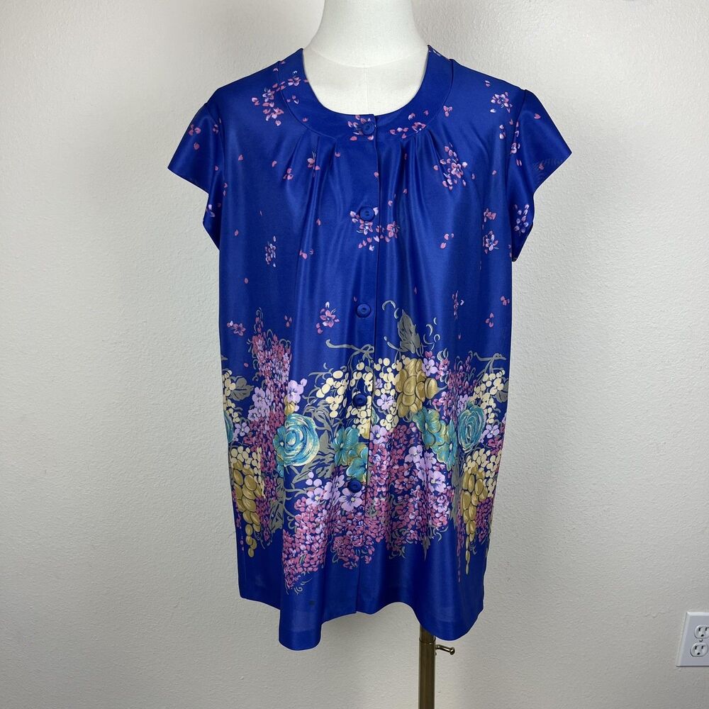 Vintage McInerny Tropicana Top Womens Large Blue Floral Hawaiian Tunic Top